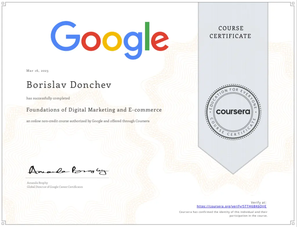 Сертификат по Foundations of Digital Marketing and E-commerce на Борислав Дончев