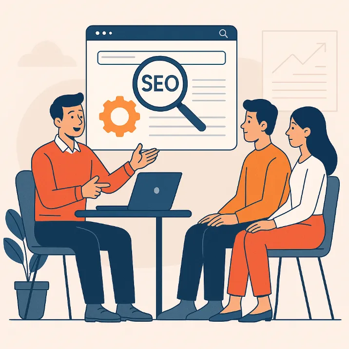 SEO експерт обяснява стратегия на клиенти по време на среща в офис среда, с илюстрация на лупа и графика на заден план.