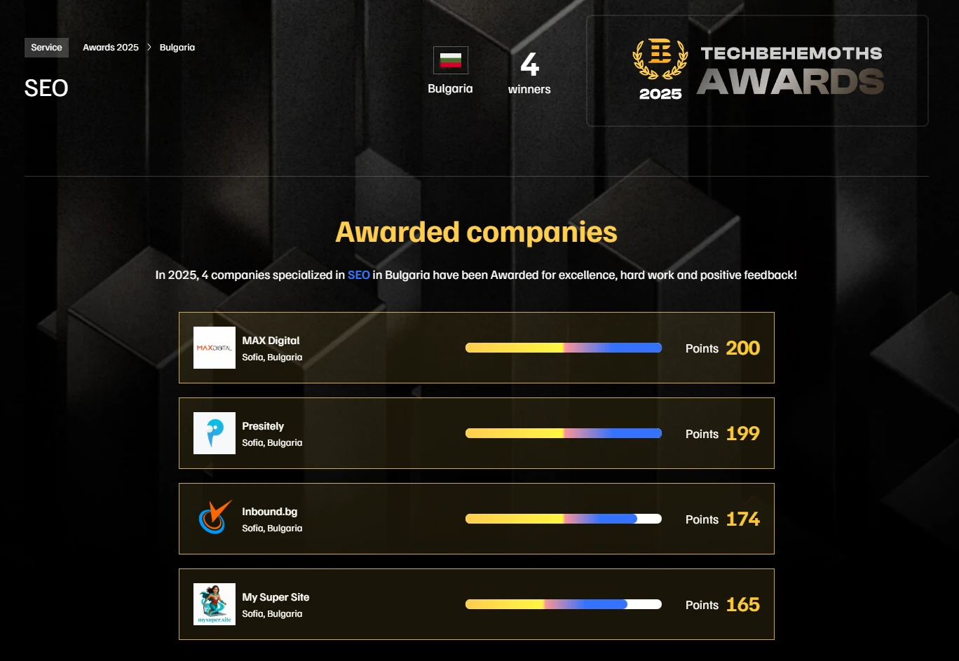 TechBehemoths Global Excellence Awards 2025 - Ranking MAX Digital at first postition for SEO services in Bulgaria